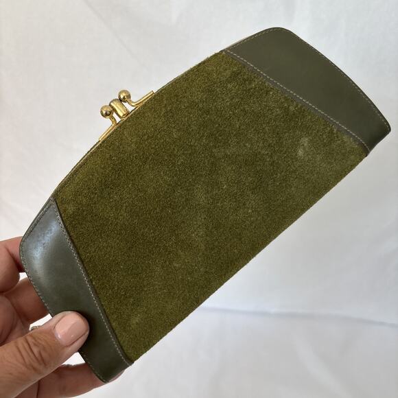 Vtg Baronet Suede Leather Wallet Clutch 1960s Double Kiss Closure Green Unused - Picture 2 of 16